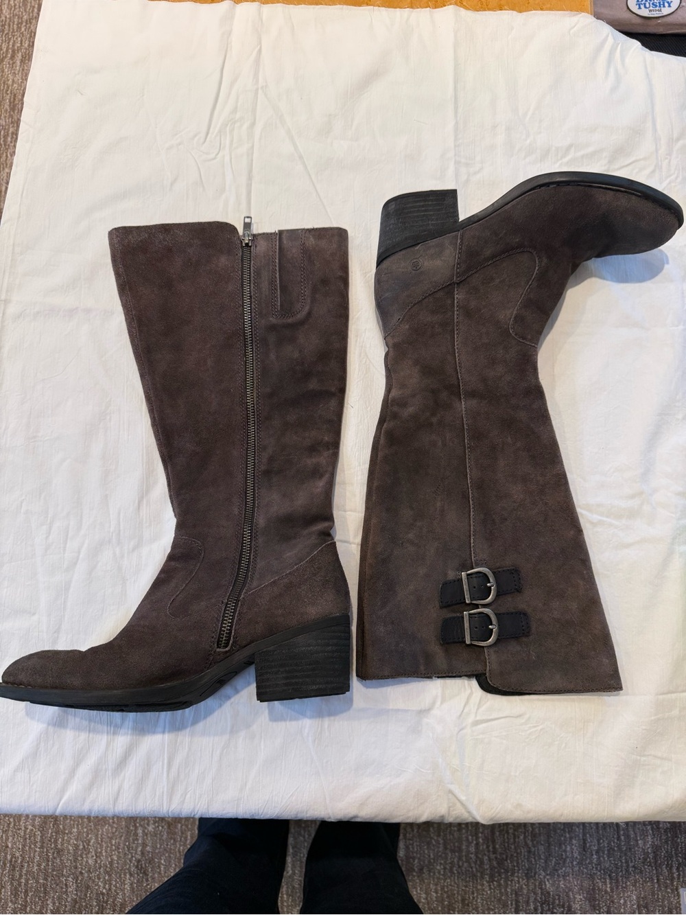 BORN Women's Tall Suede Buckle Boots - Dark Brown size 8M Wide Calf